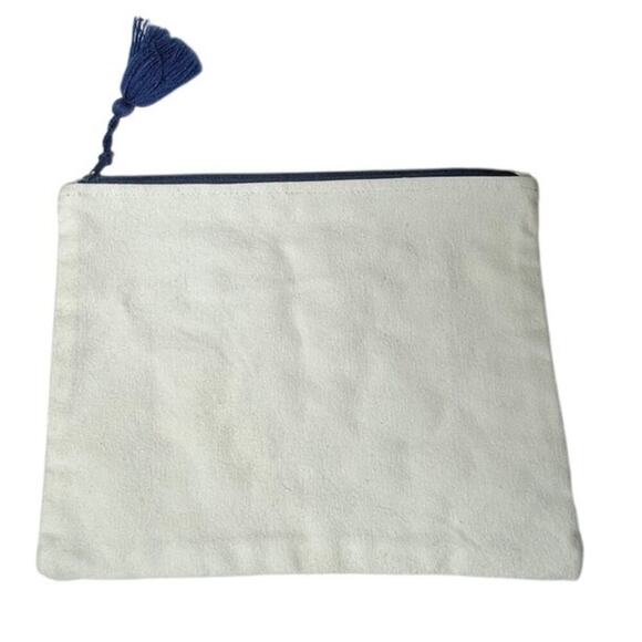 Two’s Company Blue White Cotton Tassel Pouch Bag Embroidered 11.5x8 - Picture 2 of 7